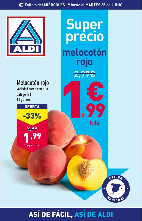 Número de página 1 del folleto promocional de la tienda Aldi - Folleto semanal Península - fecha de vigencia: desde19.06 bis 25.06