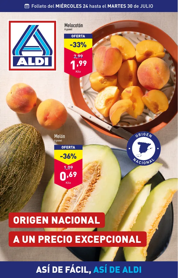 Número de página 1 del folleto promocional de la tienda Aldi - vienen de cerca, pero con estos precios van a llegar lejos - fecha de vigencia: desde24.07 bis 30.07