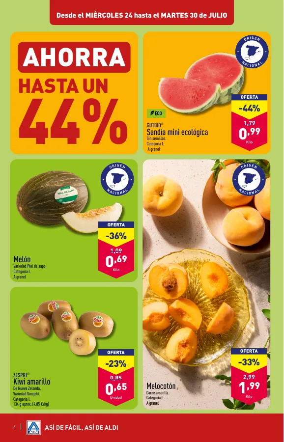 Número de página 4 del folleto promocional de la tienda Aldi - vienen de cerca, pero con estos precios van a llegar lejos - fecha de vigencia: desde24.07 bis 30.07