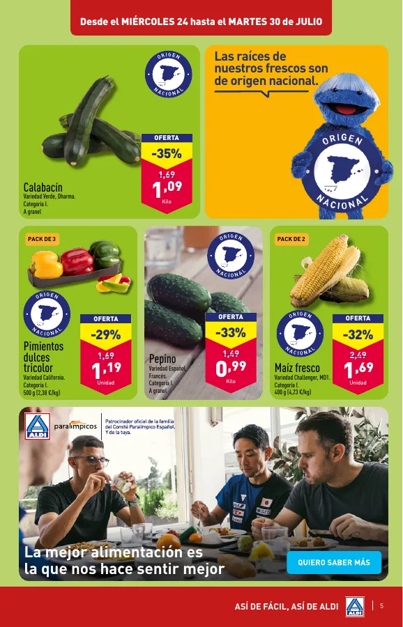 Número de página 5 del folleto promocional de la tienda Aldi - vienen de cerca, pero con estos precios van a llegar lejos - fecha de vigencia: desde24.07 bis 30.07