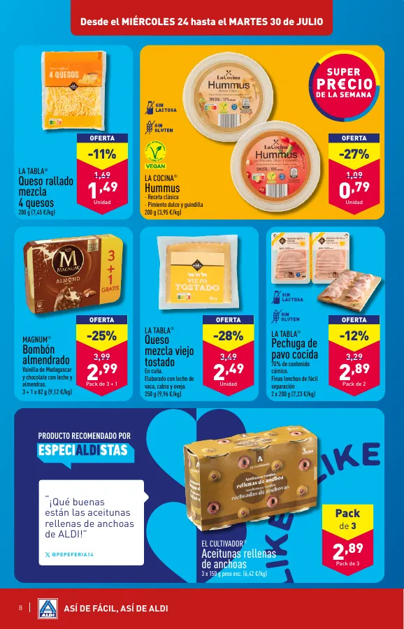 Número de página 8 del folleto promocional de la tienda Aldi - vienen de cerca, pero con estos precios van a llegar lejos - fecha de vigencia: desde24.07 bis 30.07