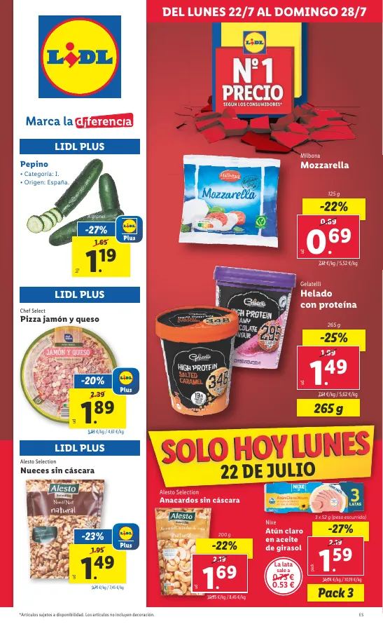 Número de página 1 del folleto promocional de la tienda Lidl - Marca la djferencja. Solo hoy lunes 2 de julio - fecha de vigencia: desde22.07 bis 28.07