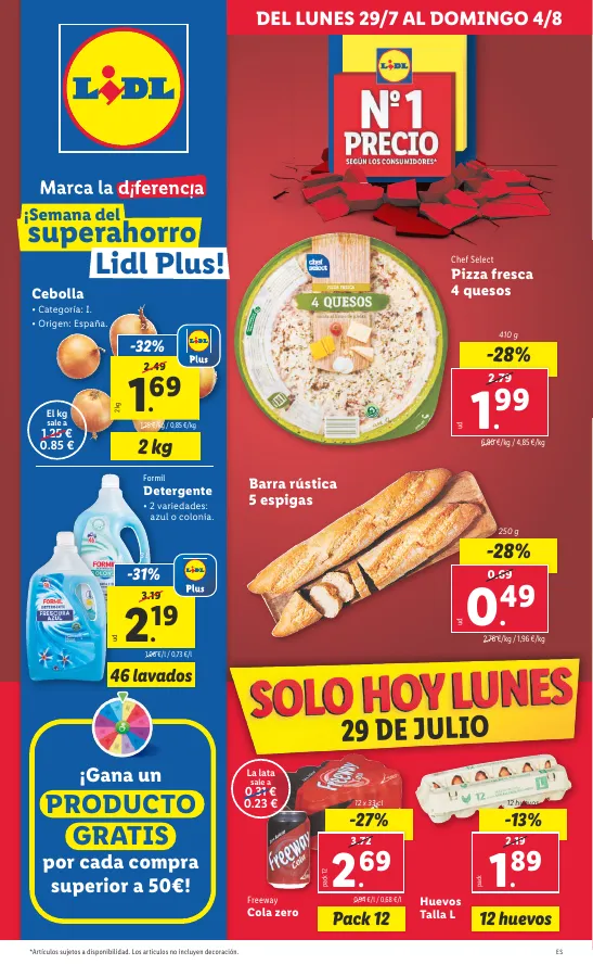 Número de página 1 del folleto promocional de la tienda Lidl - Marca la djferecia. Solo hoy lunes 29 de julio - fecha de vigencia: desde29.07 bis 04.08