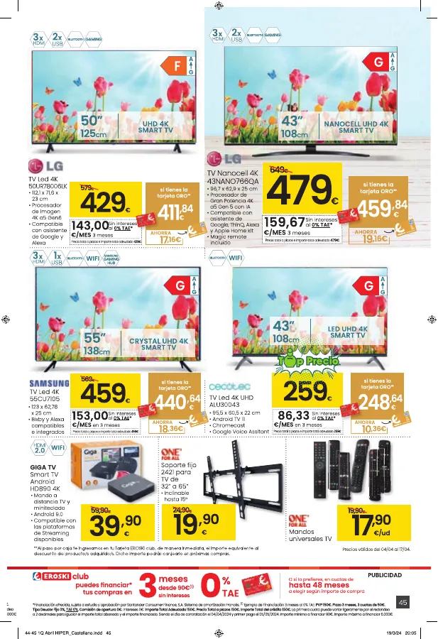 Número de página 45 del folleto promocional de la tienda Eroski - Hipermercado EROSKI - fecha de vigencia: desde04.04 bis 16.04