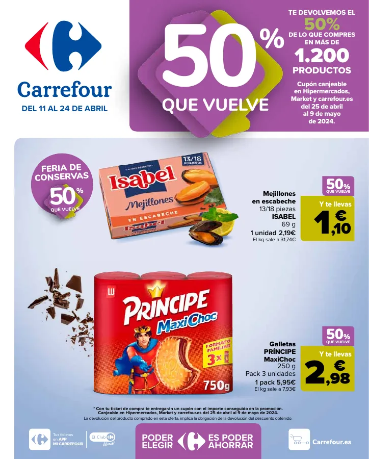 Número de página 1 del folleto promocional de la tienda Carrefour - 50% Q VUELVE (Alimentación) + 3x2 (Alimentación, Drogueria, Perfumeria y comida de animales) - fecha de vigencia: desde11.04 bis 24.04