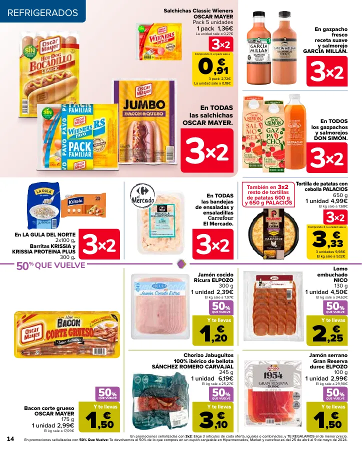 Número de página 14 del folleto promocional de la tienda Carrefour - 50% Q VUELVE (Alimentación) + 3x2 (Alimentación, Drogueria, Perfumeria y comida de animales) - fecha de vigencia: desde11.04 bis 24.04