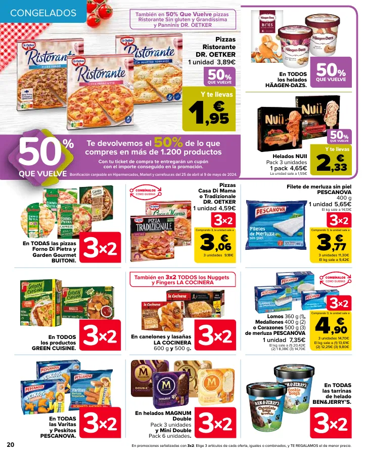 Número de página 20 del folleto promocional de la tienda Carrefour - 50% Q VUELVE (Alimentación) + 3x2 (Alimentación, Drogueria, Perfumeria y comida de animales) - fecha de vigencia: desde11.04 bis 24.04