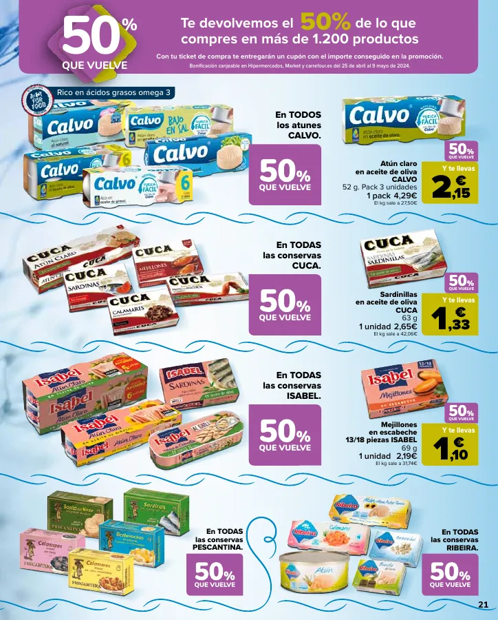 Número de página 23 del folleto promocional de la tienda Carrefour - 50% Q VUELVE (Alimentación) + 3x2 (Alimentación, Drogueria, Perfumeria y comida de animales) - fecha de vigencia: desde11.04 bis 24.04