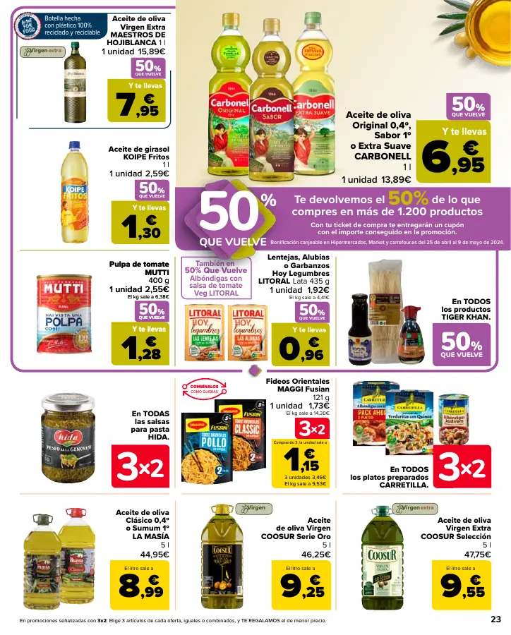 Número de página 25 del folleto promocional de la tienda Carrefour - 50% Q VUELVE (Alimentación) + 3x2 (Alimentación, Drogueria, Perfumeria y comida de animales) - fecha de vigencia: desde11.04 bis 24.04