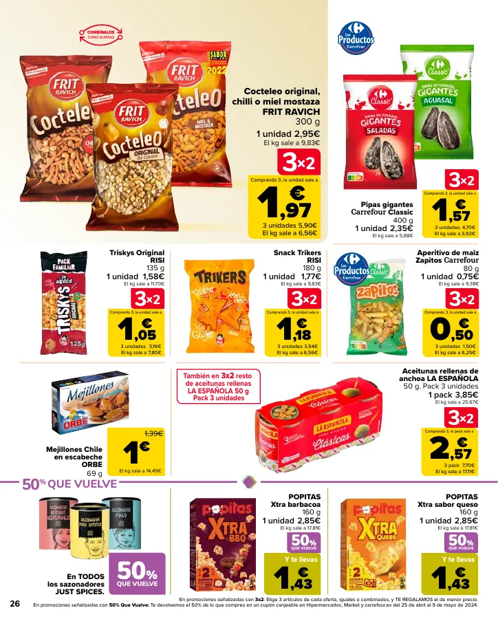 Número de página 26 del folleto promocional de la tienda Carrefour - 50% Q VUELVE (Alimentación) + 3x2 (Alimentación, Drogueria, Perfumeria y comida de animales) - fecha de vigencia: desde11.04 bis 24.04