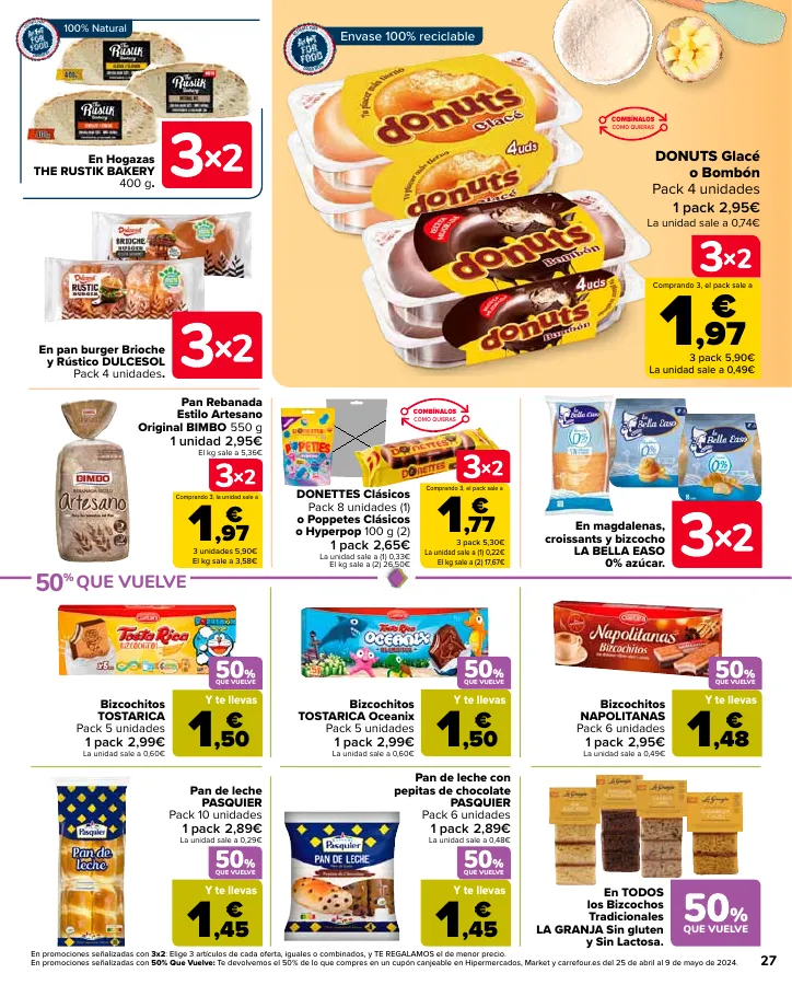 Número de página 27 del folleto promocional de la tienda Carrefour - 50% Q VUELVE (Alimentación) + 3x2 (Alimentación, Drogueria, Perfumeria y comida de animales) - fecha de vigencia: desde11.04 bis 24.04