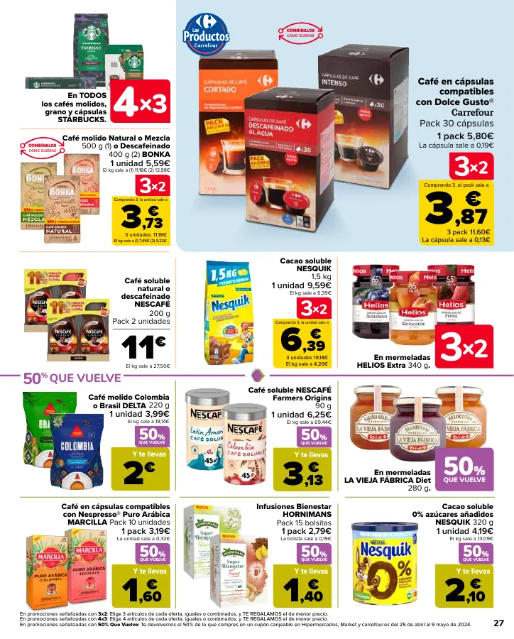 Número de página 29 del folleto promocional de la tienda Carrefour - 50% Q VUELVE (Alimentación) + 3x2 (Alimentación, Drogueria, Perfumeria y comida de animales) - fecha de vigencia: desde11.04 bis 24.04