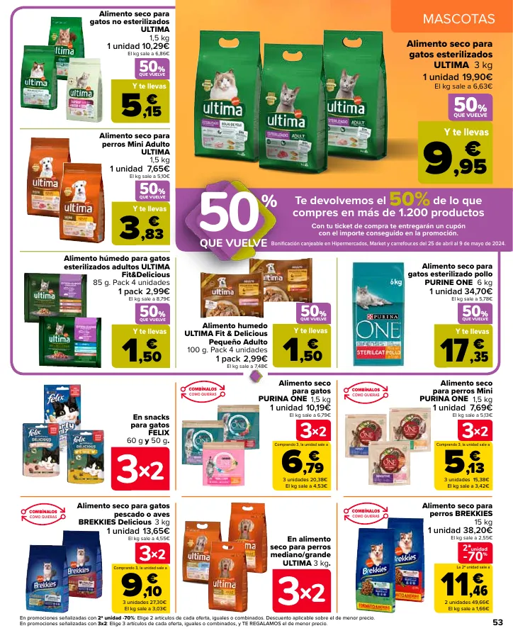 Número de página 55 del folleto promocional de la tienda Carrefour - 50% Q VUELVE (Alimentación) + 3x2 (Alimentación, Drogueria, Perfumeria y comida de animales) - fecha de vigencia: desde11.04 bis 24.04