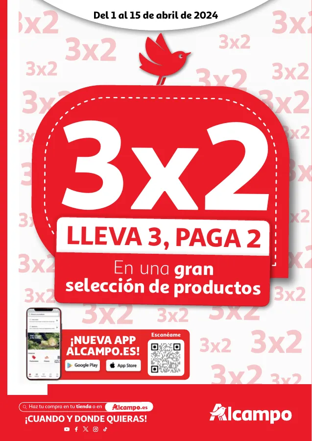 Número de página 1 del folleto promocional de la tienda Alcampo - 3x2 Lleva 3, Paga 2 En una gran selec... - fecha de vigencia: desde01.04 bis 15.04