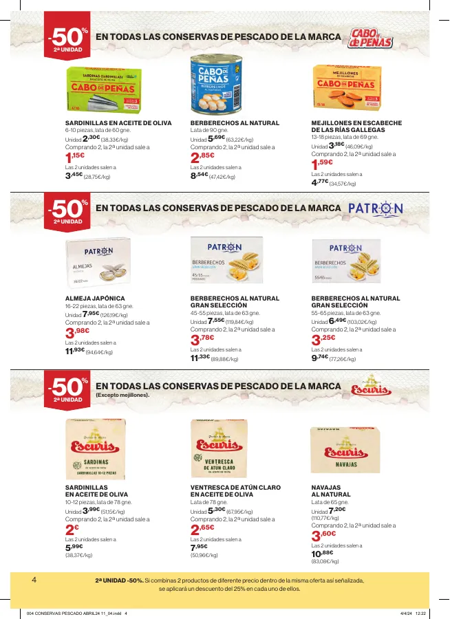 Número de página 4 del folleto promocional de la tienda Hipercor - Les majores marcas en conservas de pescado - fecha de vigencia: desde11.04 bis 24.04