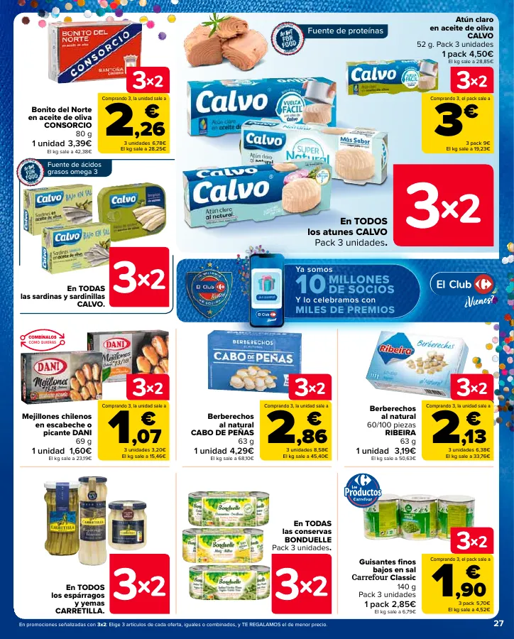 Número de página 27 del folleto promocional de la tienda Carrefour - 3x2 (Alimentación, Drogueria, Perfumeria y comida de animales)+CHOLLOS - fecha de vigencia: desde25.04 bis 09.05