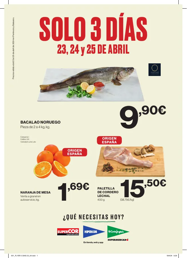 Número de página 1 del folleto promocional de la tienda Hipercor - Solo 3 dias - fecha de vigencia: desde23.04 bis 25.04