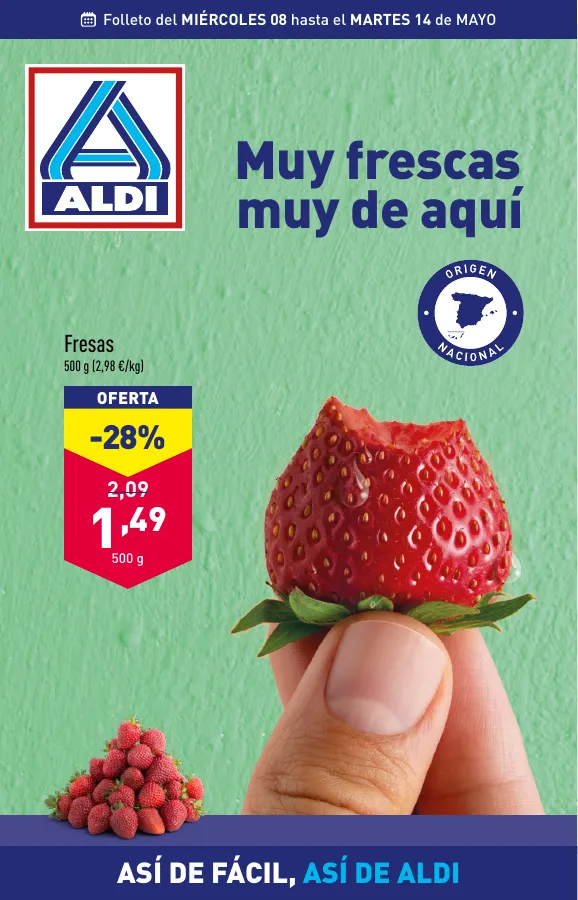 Número de página 1 del folleto promocional de la tienda Aldi - Muy frescas muy de aqui - fecha de vigencia: desde08.05 bis 14.05