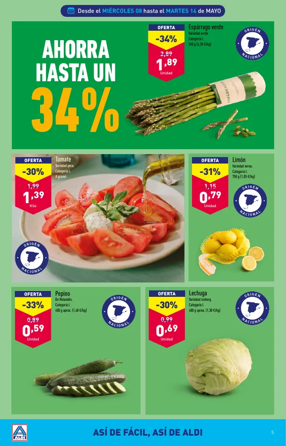 Número de página 5 del folleto promocional de la tienda Aldi - Muy frescas muy de aqui - fecha de vigencia: desde08.05 bis 14.05