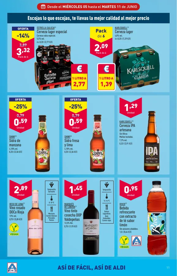 Número de página 11 del folleto promocional de la tienda Aldi - Que el calor no te pille fuera de juego. Con nuestros precios en climatización vas a notar un soplo de aire fresco. También para tu bolsillo. - fecha de vigencia: desde05.06 bis 11.06