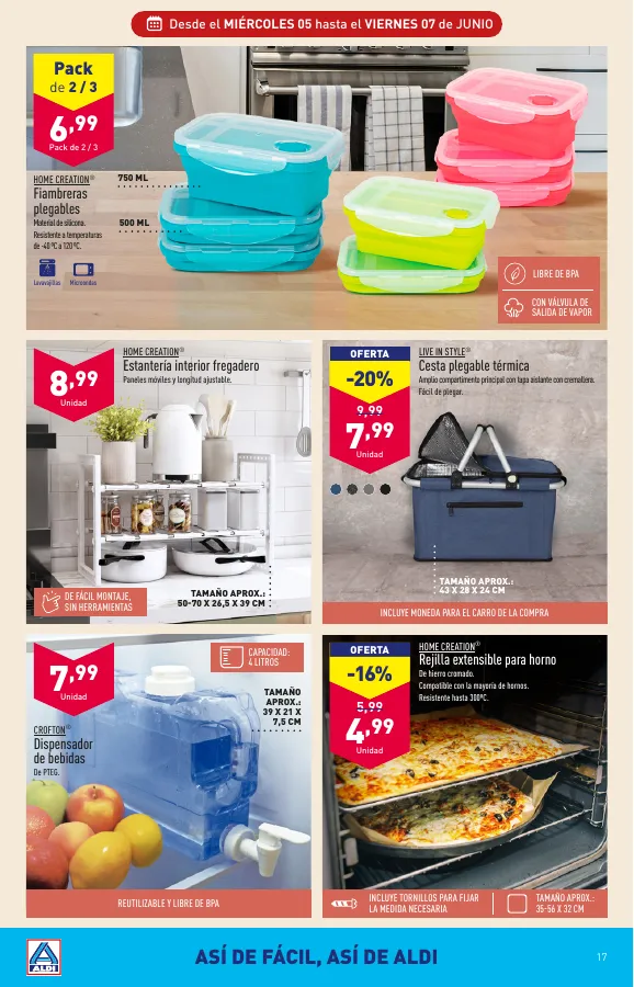 Número de página 17 del folleto promocional de la tienda Aldi - Que el calor no te pille fuera de juego. Con nuestros precios en climatización vas a notar un soplo de aire fresco. También para tu bolsillo. - fecha de vigencia: desde05.06 bis 11.06