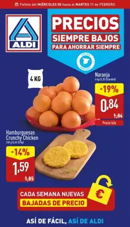 Folleto promocional Aldi. Título: Precios siempre bajos para ahorrar siempre. La oferta es válida: 2025-02-05 - 2025-02-11