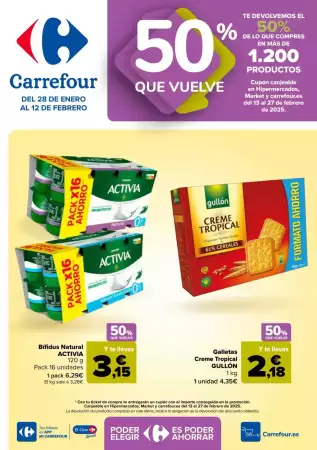 Folleto promocional Carrefour. Título: 50% Que vuelve. La oferta es válida: 2025-01-28 - 2025-02-12