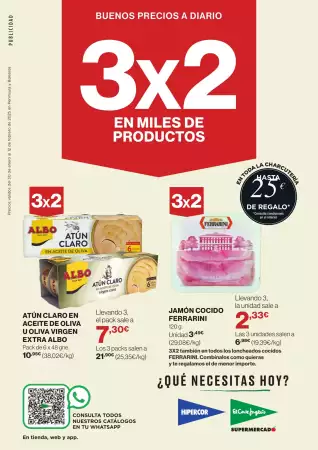 Folleto promocional Hipercor. Título: Buenos precios a doario 3x2. La oferta es válida: 2025-01-30 - 2025-02-12